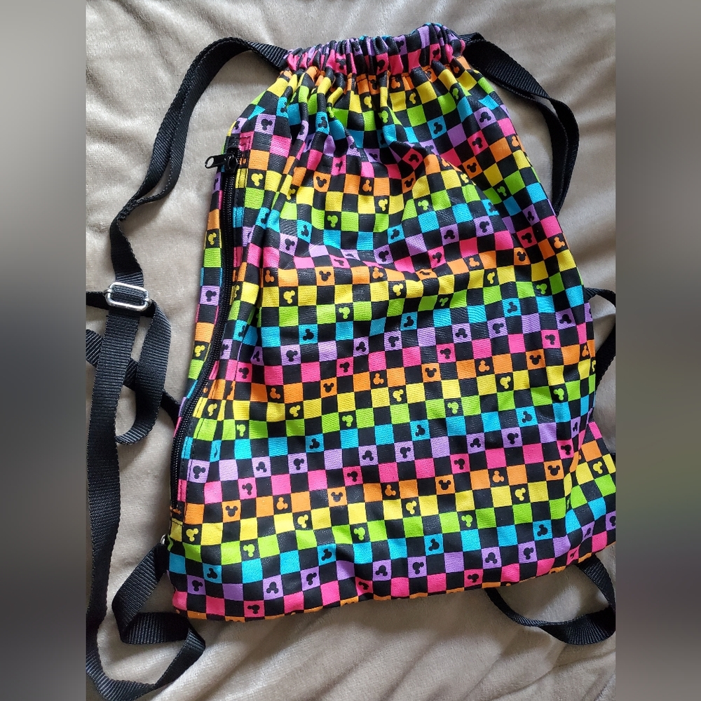 Authentic Disney Parks Rainbow Checkered Mickey Drawstring Bag